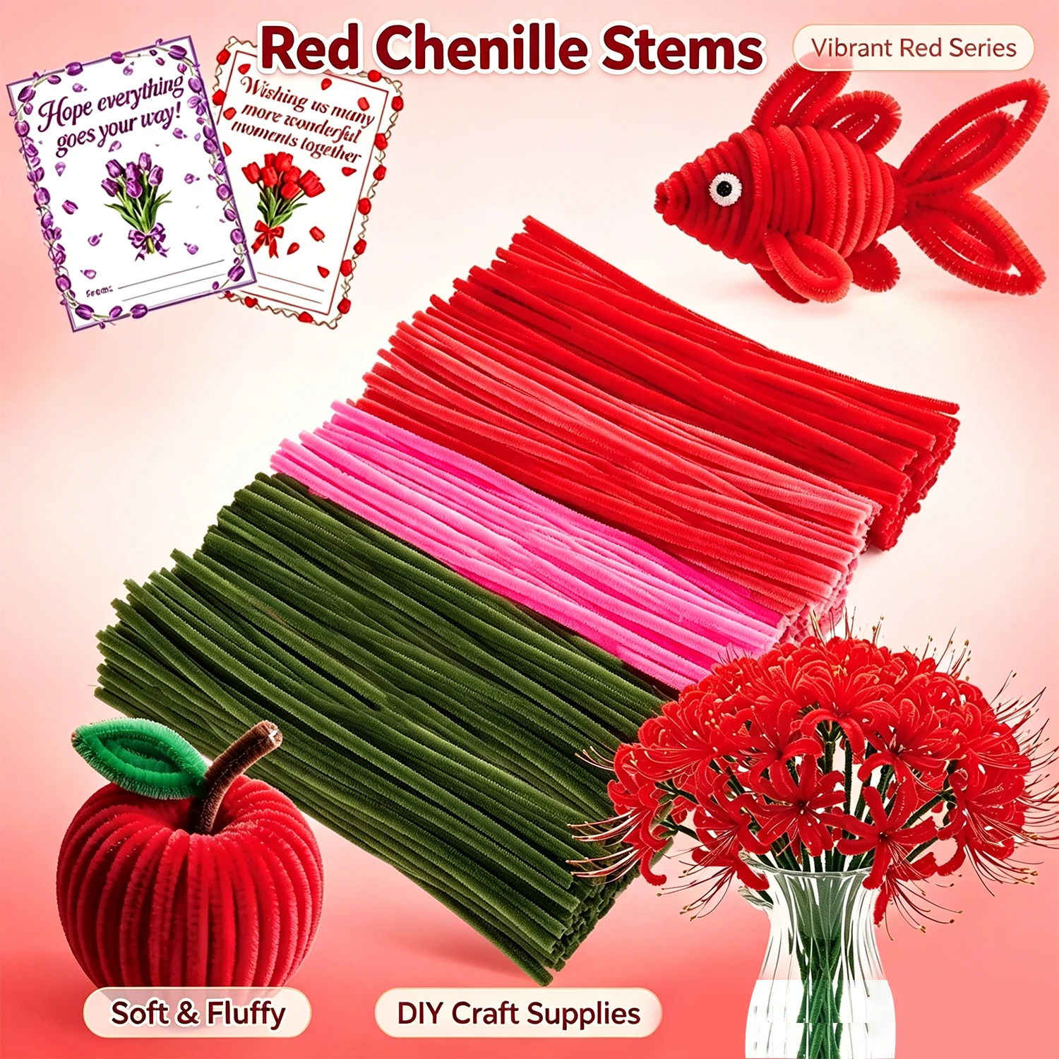 99/242/487 Pcs Red‑Tone Pipe Cleaner Flower Bouquet Set, Fuzzy Chenille Sticks For Wedding, Party & Home Decor
