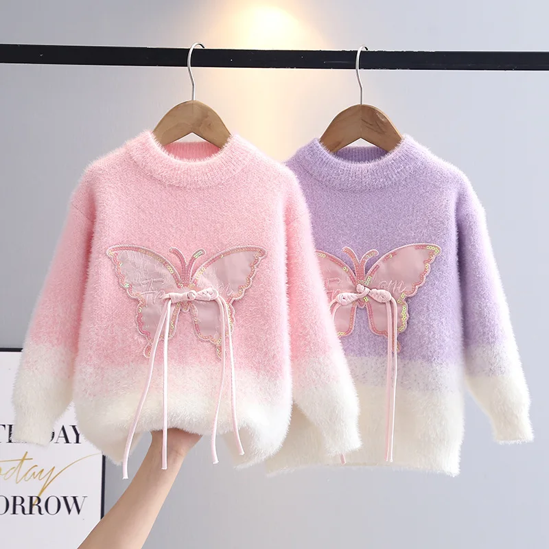 

INS Autumn Winter Children's Knitted Sweater New Fashion Butterfly Girl Pullover Knitwear Sweater Front Tassel Outerwear HY12131
