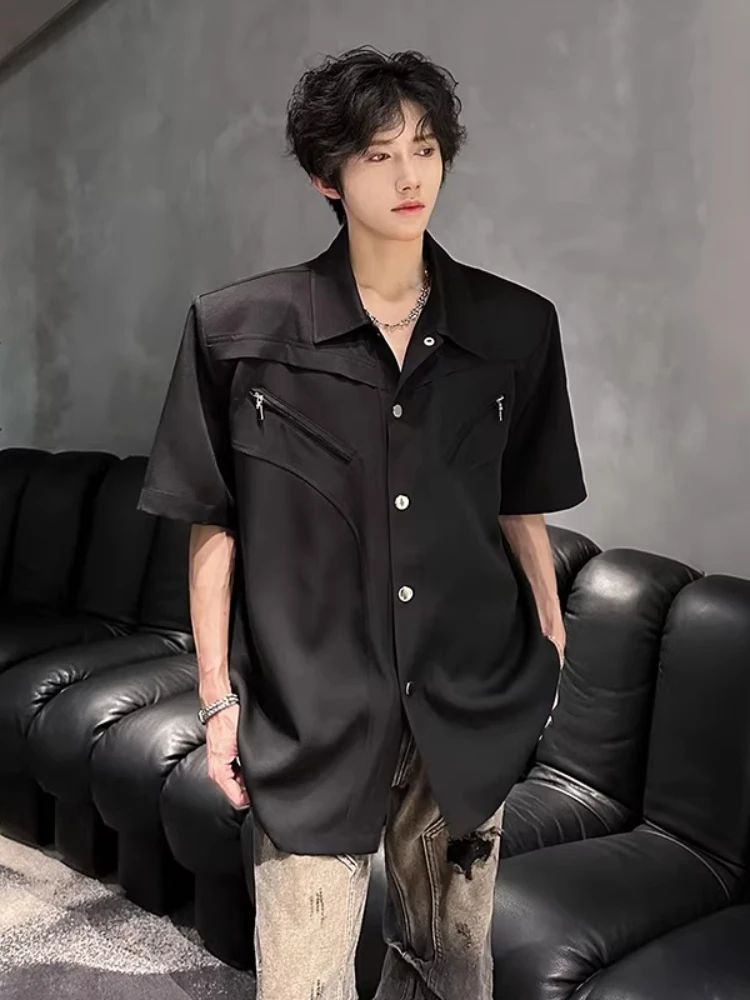 Men's Summer Padded Deconstruction Zipper Oversized Shirt Oversized Cleanfit Niche Design Stylish Short Sleeve Casual Shirt Top