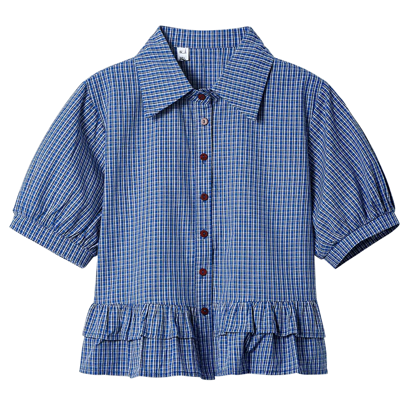 

Lapel Single Breasted Blue Checkered Shirt Women Ruffle Trim Short Sleeve Cropped Blouse Casual Shirt Summer Female Tops