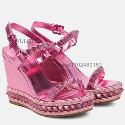 Patent Leather Rose Red Platform Wedge Heels Women Open Rivet Beaded Sandal Bright Shiny Purple Heels Slingback Girls Party Shoe