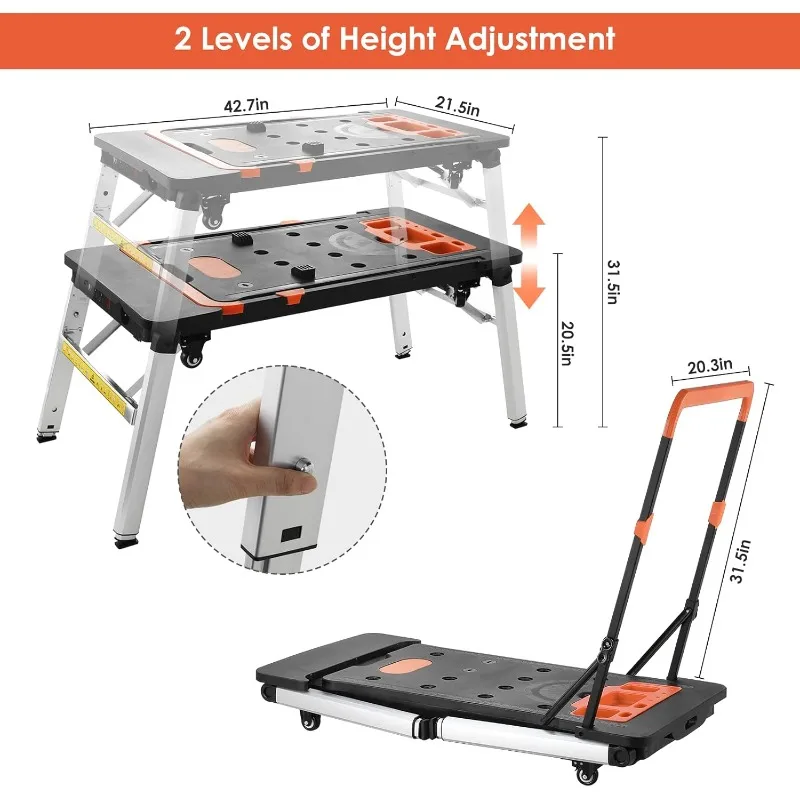 TLGREEN Multifunctional Folding Work Table, 7 in 1 Work Benches for Garage, as Portable Workbench, Sawhorse, Scaffold, Platform