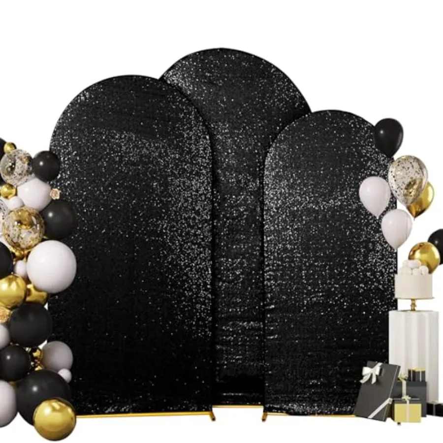 

Wedding party backdrop set: arch covers in black sequin fabric for flower and balloon stands, 7.2ft/6.6ft/6ft, elegant arch-sha
