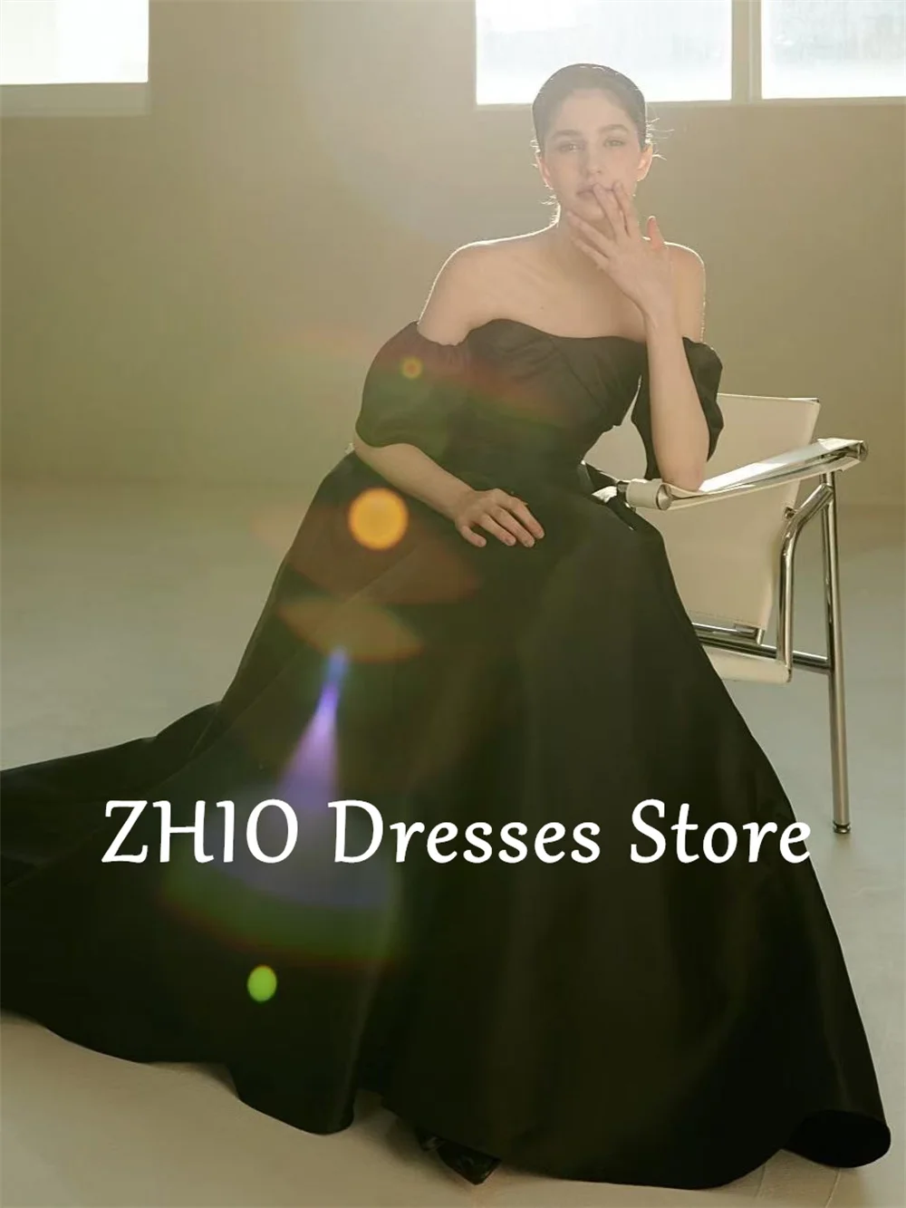 ZHIO noir bretelles avec manches bouffantes robe coréenne séance photo robes de mariée en Satin personnalisé Corset/fermeture éclair dos fête moderne