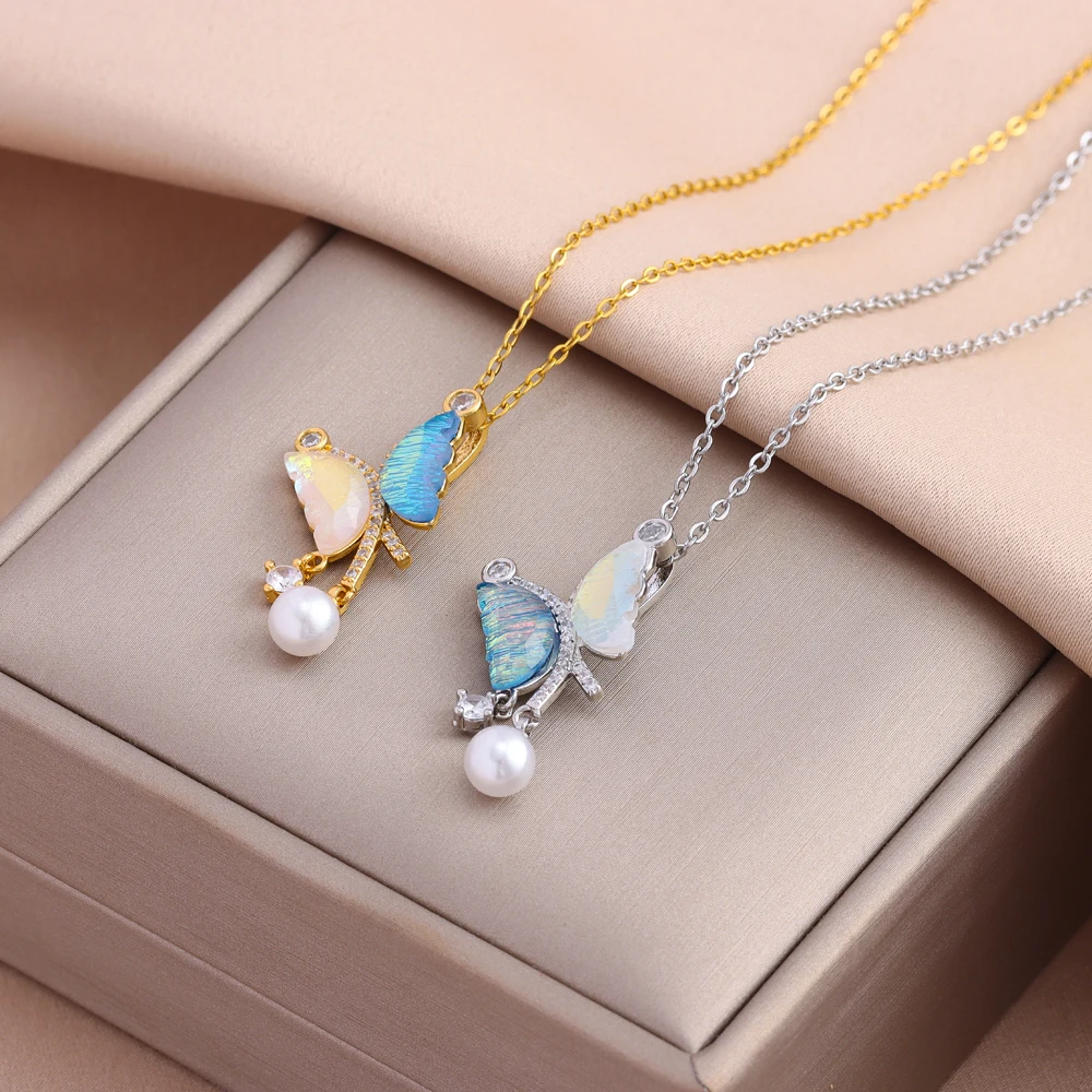 Neue 18K Gold Überzogene Bunte Dopamin Schmetterling Halsketten Für Frauen Weibliche Täglichen Verschleiß Edelstahl Schlüsselbein Kette Schmuck