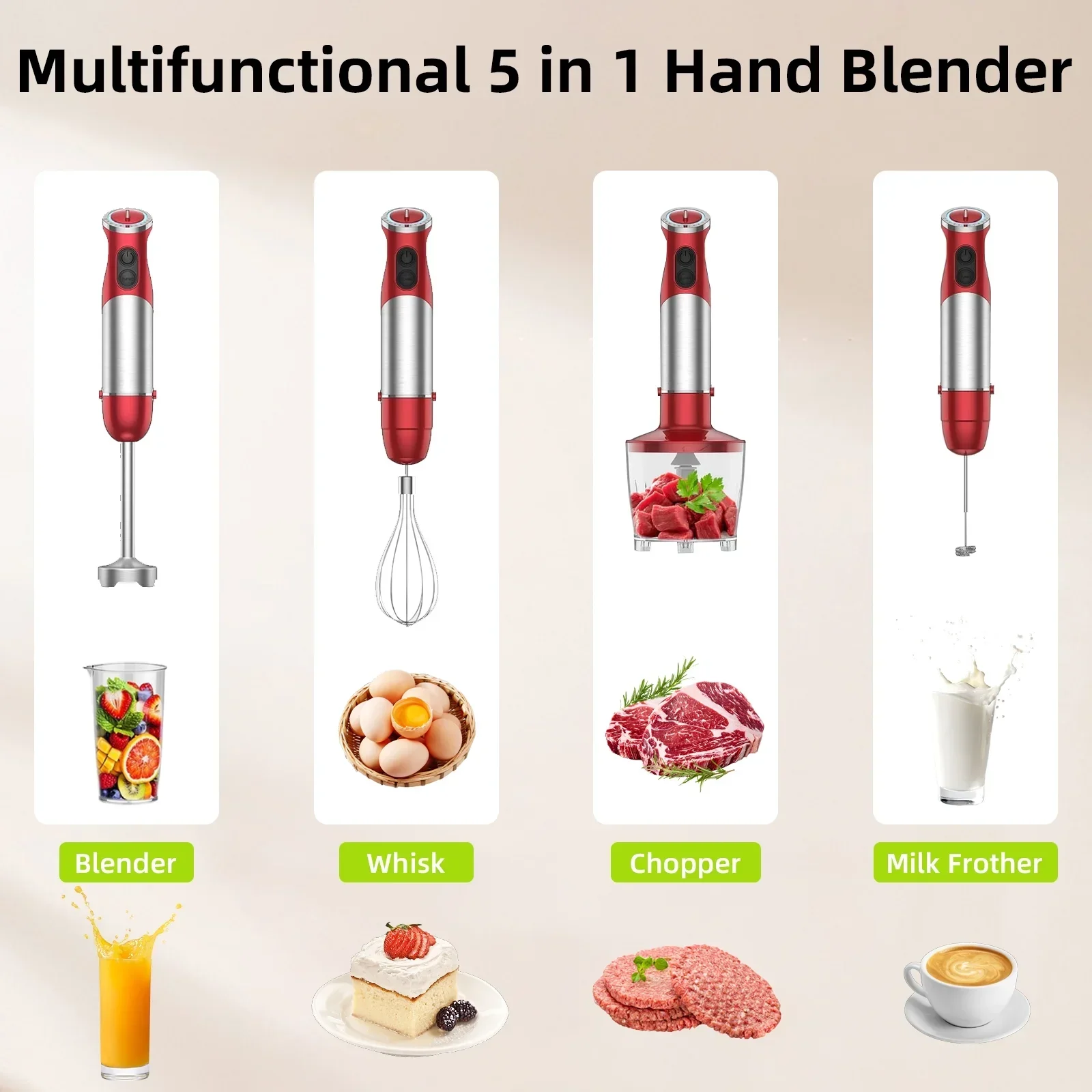Handheld Kitchen Blender: 5-in-1 1000 Watt Multi-Purpose Hand Blender, 12-Speed Stick Blender for Food, Soups, Purees and Cakes