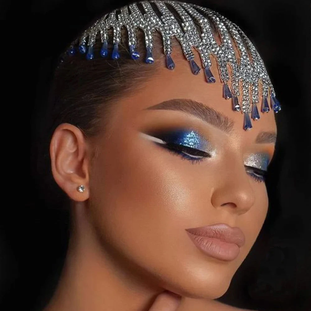 Stonefans Blue Pendant Flapper Hat Headwear Tassel Forehead for Women Boho Cap Multirow Shiny Rhinestone Hair Chain Wig Jewelry