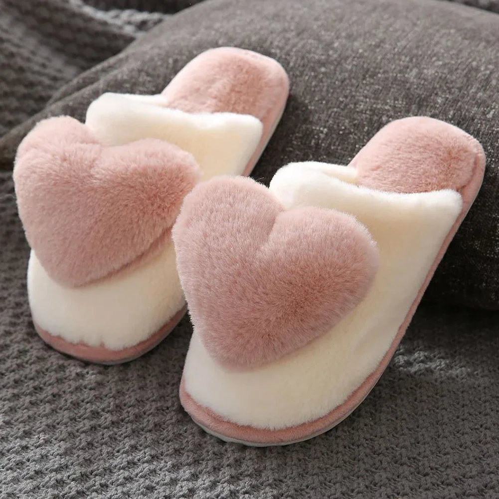 Winter Home Slippers Waterproof Women Men Heart Furry Shoes Couples Warm Plush Non-Slip Indoor Bedroom Cotton Slippers