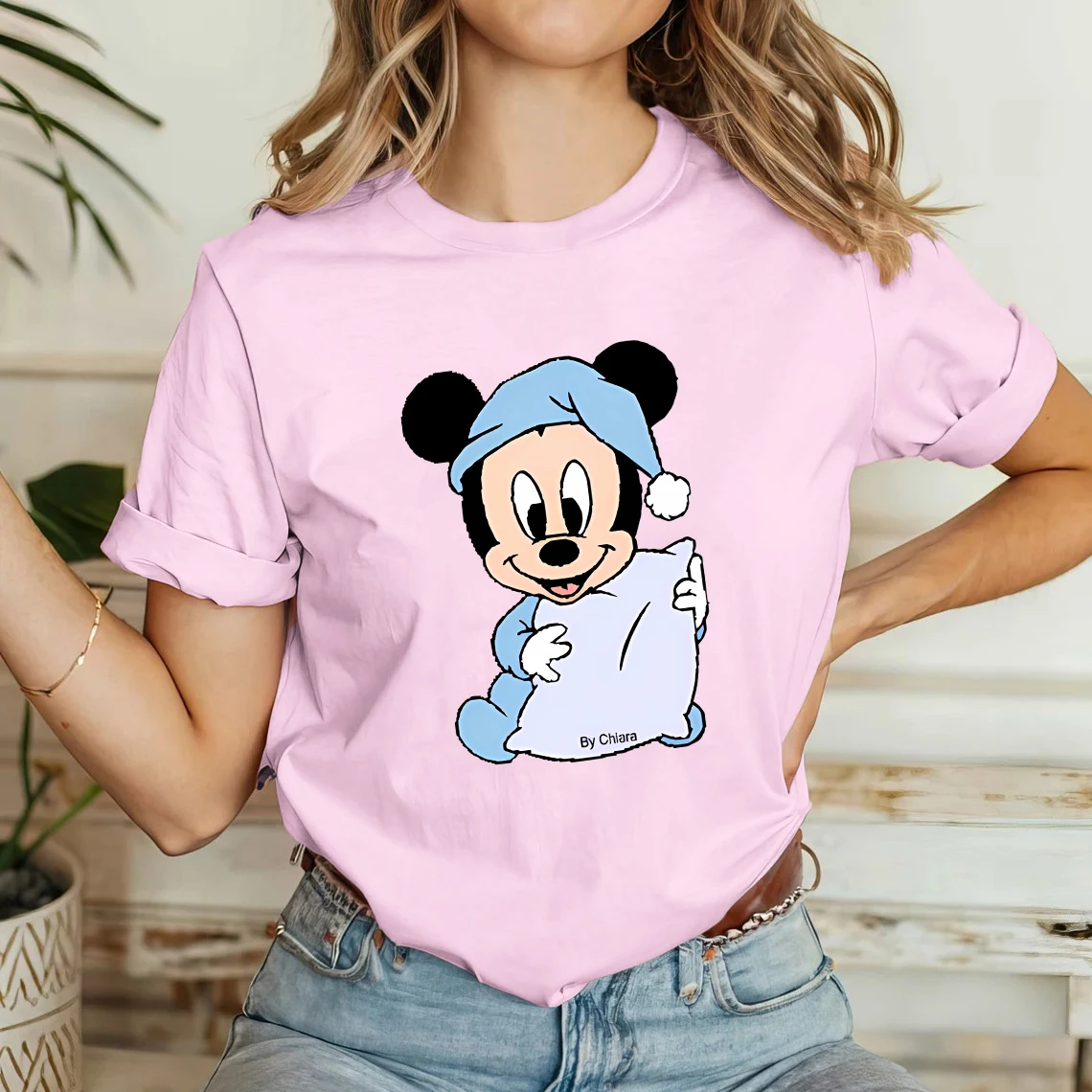 

Disney Mickey Mouse Cool and Playful Logo Short-Sleeved Women's Pink T-Shirt Home Leisure Outdoor Sports Shirt