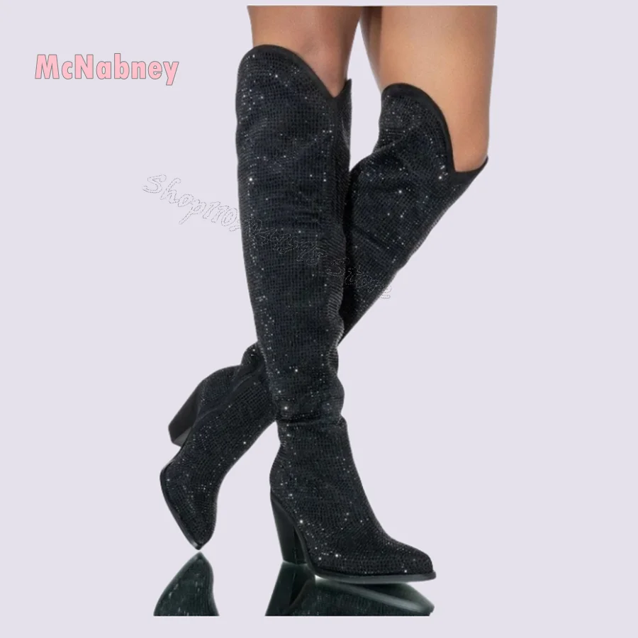 Blingbling Crystal High Heel Boots Pointed Toe Chunky Knee High Boots Wedding Party Bar Women Boots 2024 New Zapatos Para Mujere