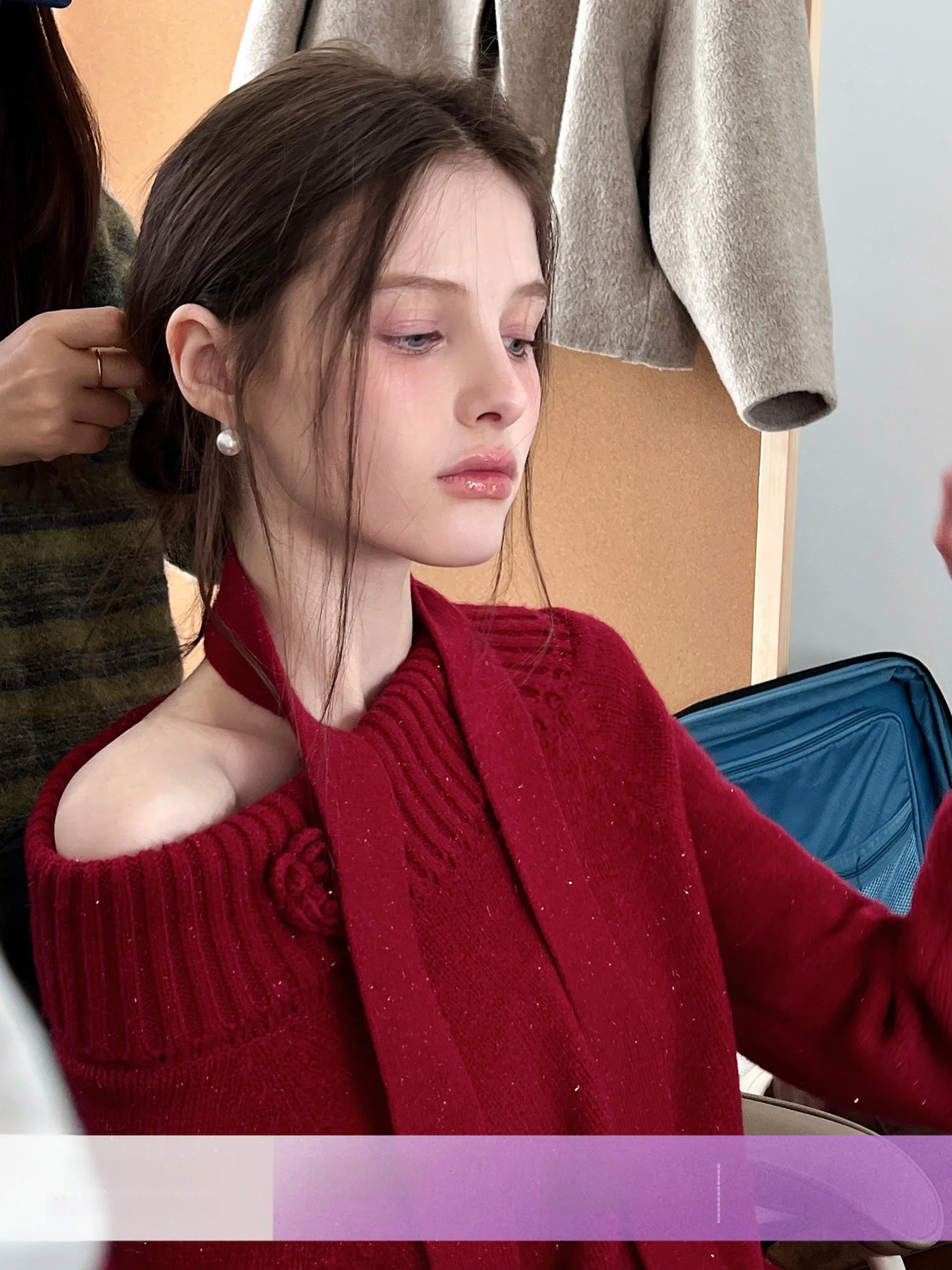 

Red One-oulder Knitted Sweater with Sa Ele lectual Sle Casual oulder Length Soft Acrylic Nylon Polyester Blend