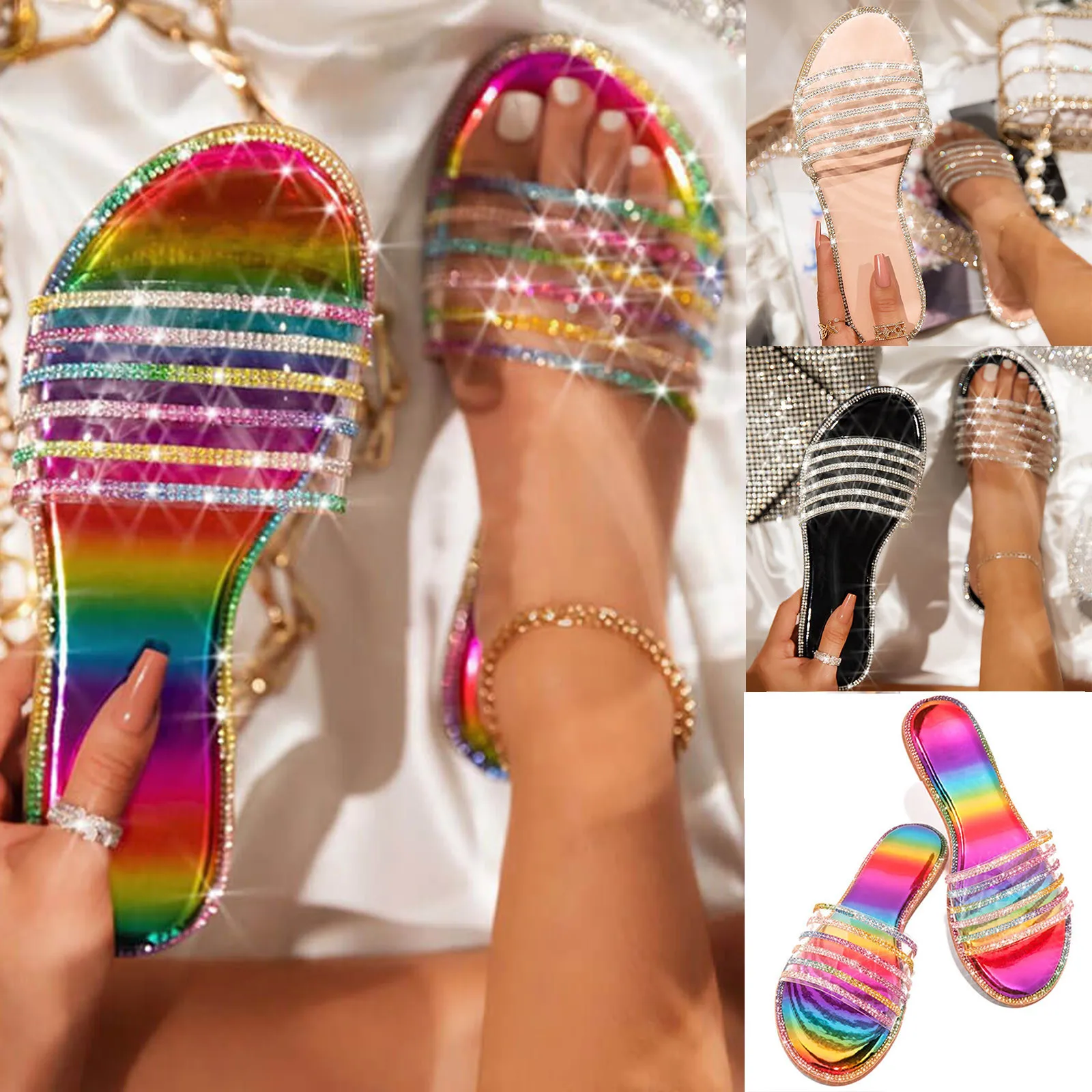 Sexy Women Summer Flat Slippers Shiny Rhinestone Shoe Open Toe Roman Beach Sandal ladies Flip Flops Black Non-Slip Slides