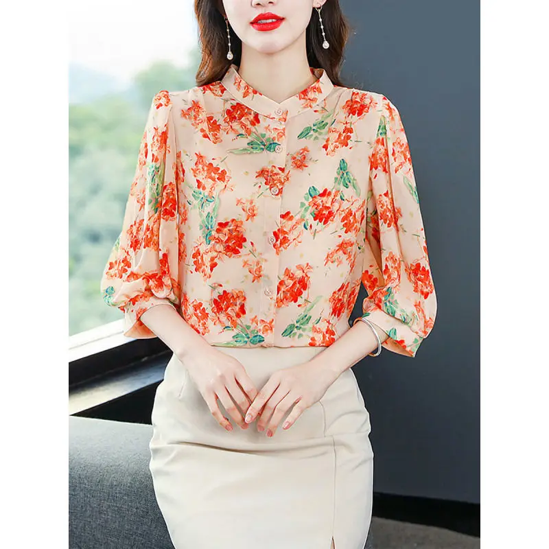 Fashion Women Blouses 2023 Summer Clothes Multi-element Printing Crew Neck Patchwork Button Half Sleeve Open Stitch Loose Shirt