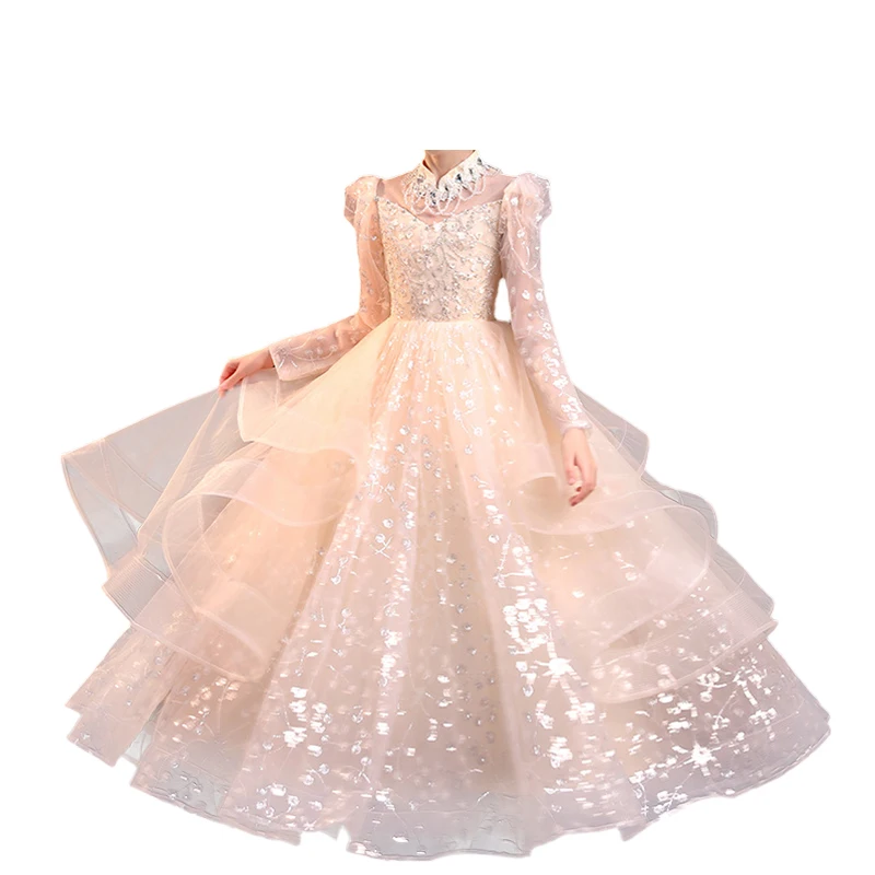 Girls Princess Bridesmaid Dress Kids Long Sleeves Wedding Birthday Party Host Evening Dresses for 4-14 Children Fashion Clothes