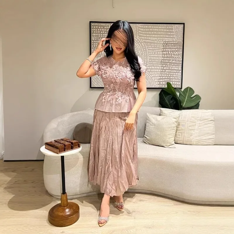 Miyake Pleated Set 2025 Summer New Embossed Top + Long Half Skirt Solid Color 2 Piece Set