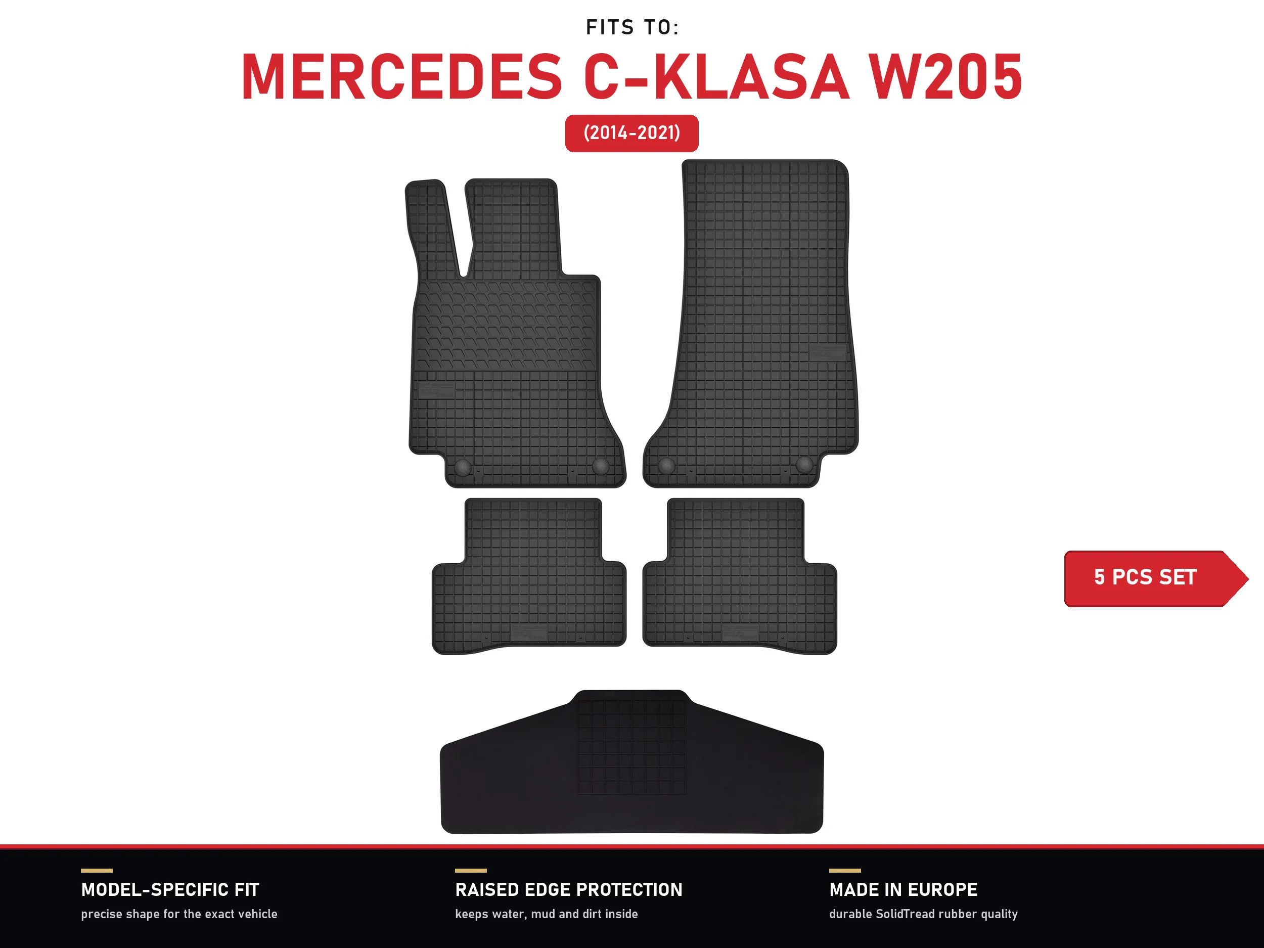 Tapis en caoutchouc avec tunnel pour : Mercedes Classe C W205 2014-2021 5 pièces