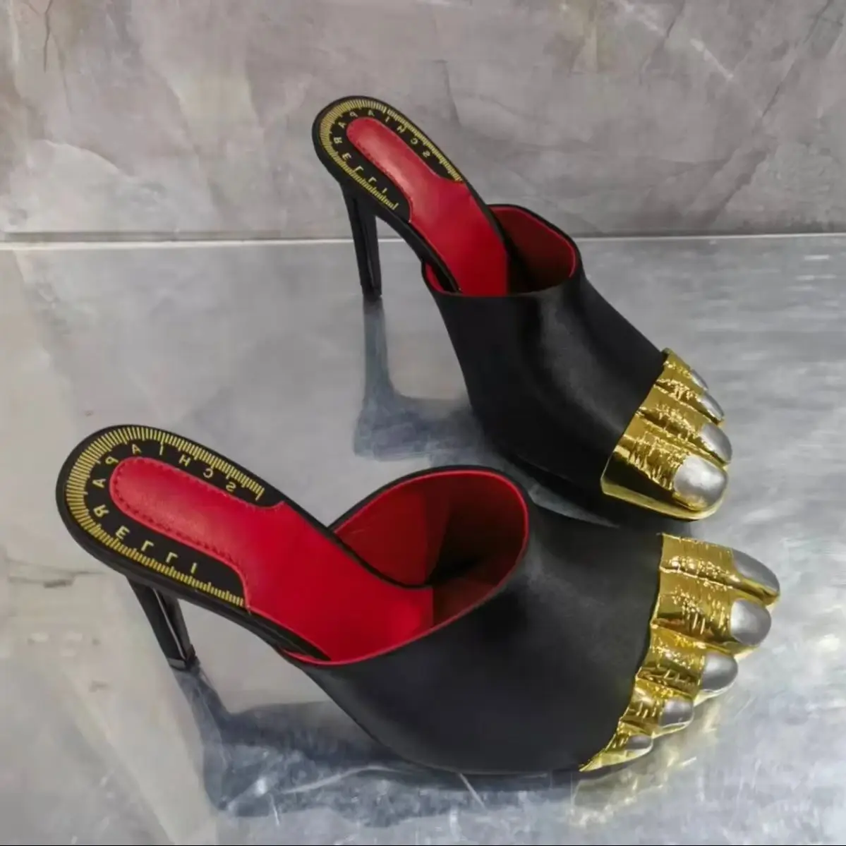 

Gold Black Mixed Color Strange Toe Slip On Slippers Women Summer New Style Gold Split Toe Stiletto Sandals Female Hemegot Mules