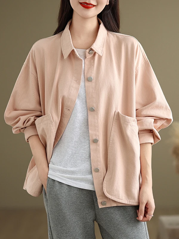 Loose Fit Retro Workwear Jaet with kets Breathable Cotton Long Sve  Collar Casual Slimming Design Spring Autumn N...