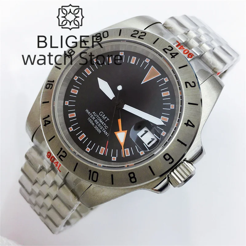 BLIGER 남성용 기계식 시계, GMT NH34 자동 무브먼트, 사파이어 글래스, 316L 스테인리스 스틸 팔찌, 100m 방수, 40mm