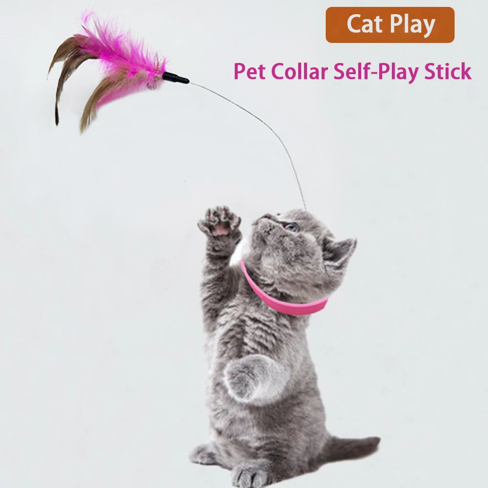Cat Collar Toy Teasing Wand with Bell, Feather, Adjustable Design Collar Relieve Boredom Interactive Cat Teaser Wand Supplies