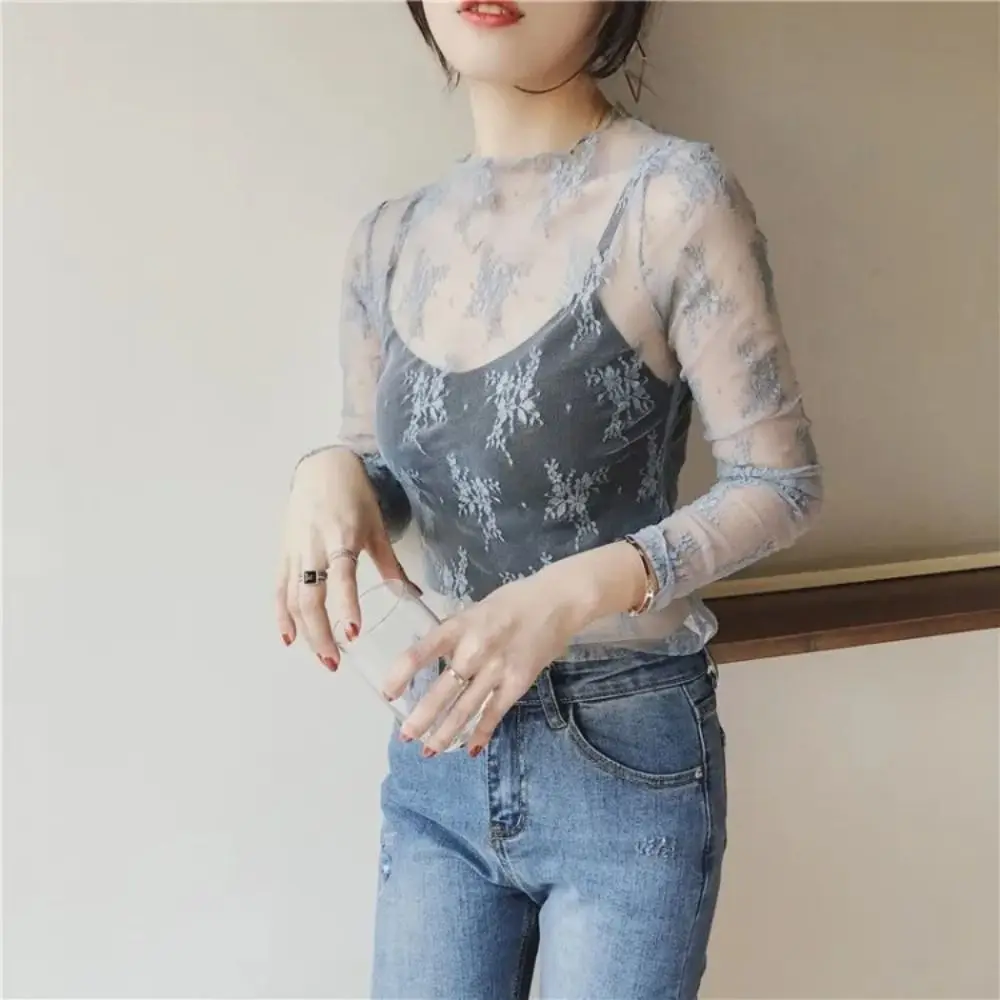 Floral Embroidery Women Lace Blouses Fashion Transparent See-through Sexy Mesh Blouses Long Sleeve Black Shirt Ladies Tops