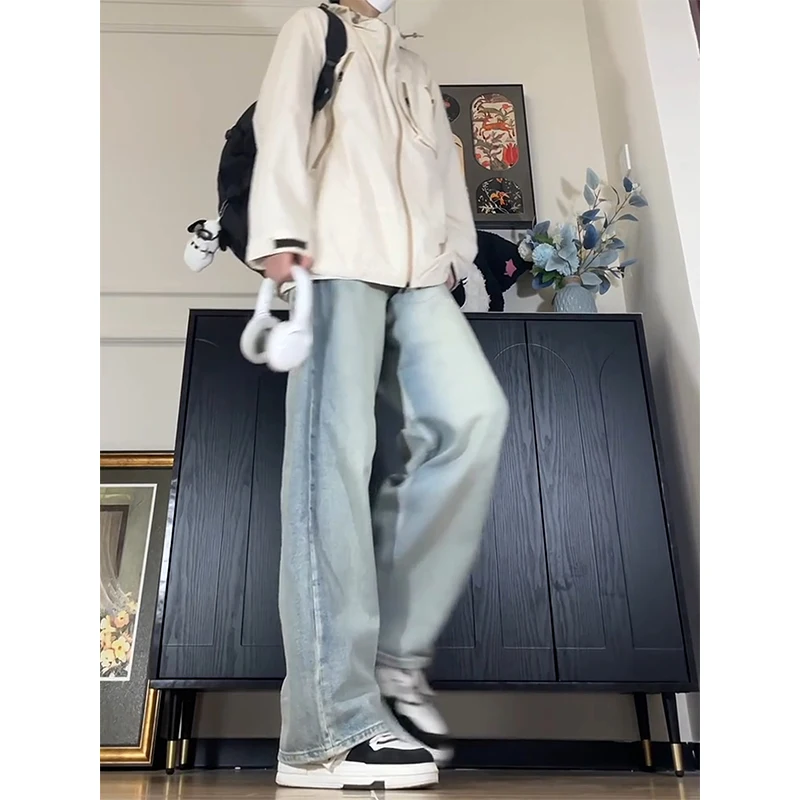 

High Waist Light Blue Men's Jeans Fall Faionable Straight Tube Pants American Vibe Cool Haome High Waist Denim Jeans