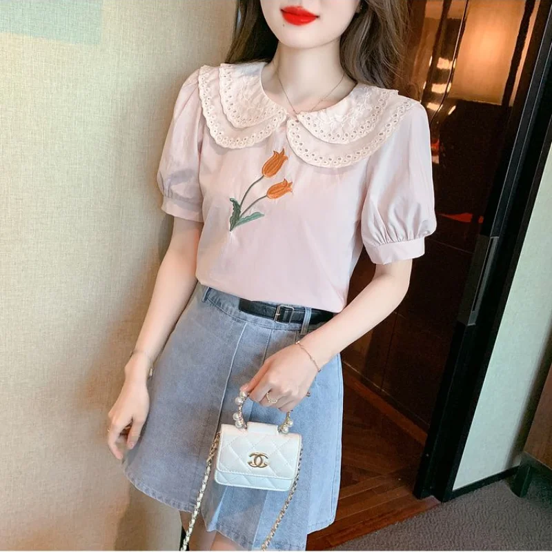 2024 Summer New Fashion Embroidery Simplicity Print Commuter Versatile Temperament Doll Neck Short Sleeve Casual Pullover Shirt