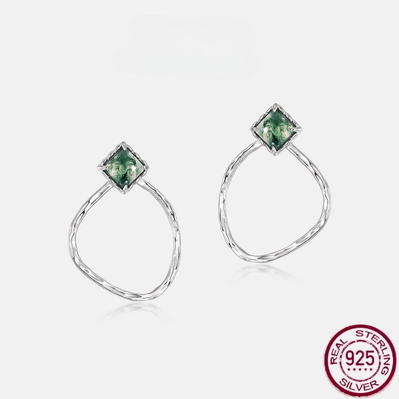 

New S925 pure silver water grass agate green moss earrings European and American retro light luxury wedding jewelry