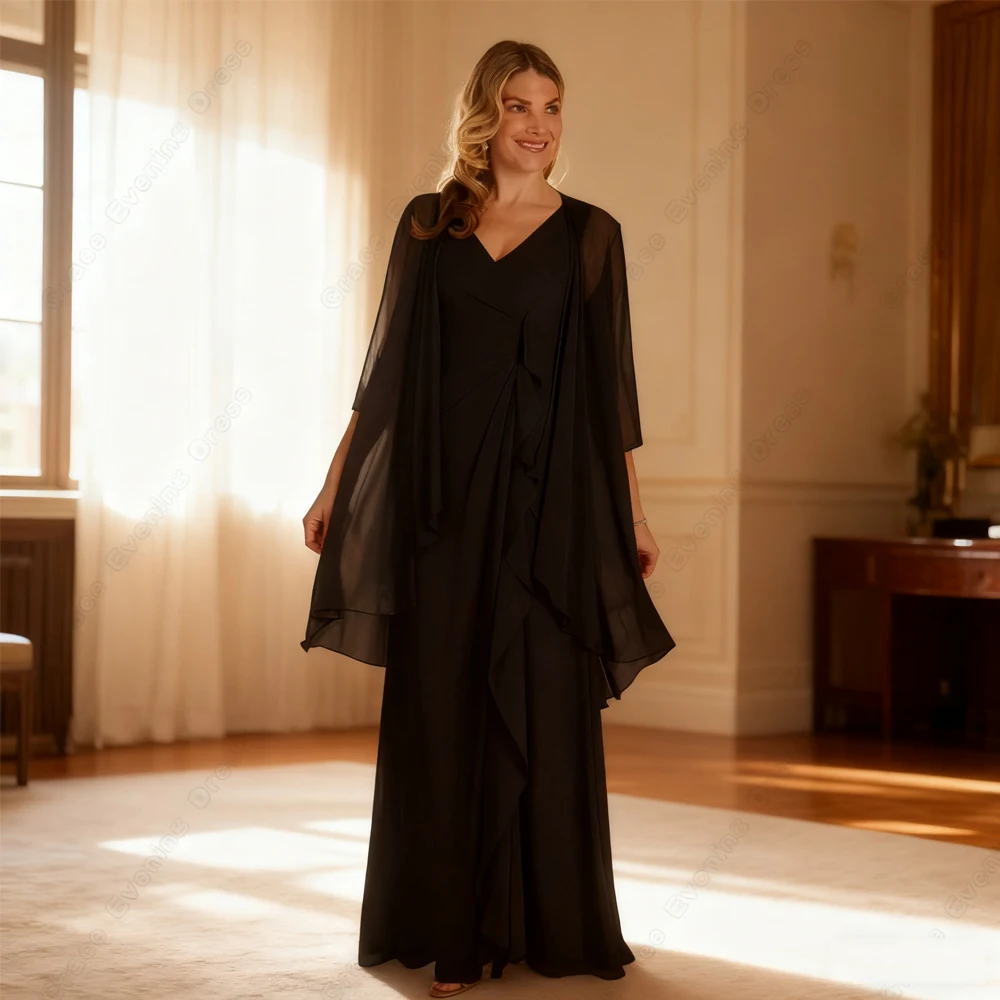 

Black Full Sleeve Mother of Bride Dresses for Women Beach Wedding Party Dresses Pleat 2025 Zipper Robe De Soirée Chifffon