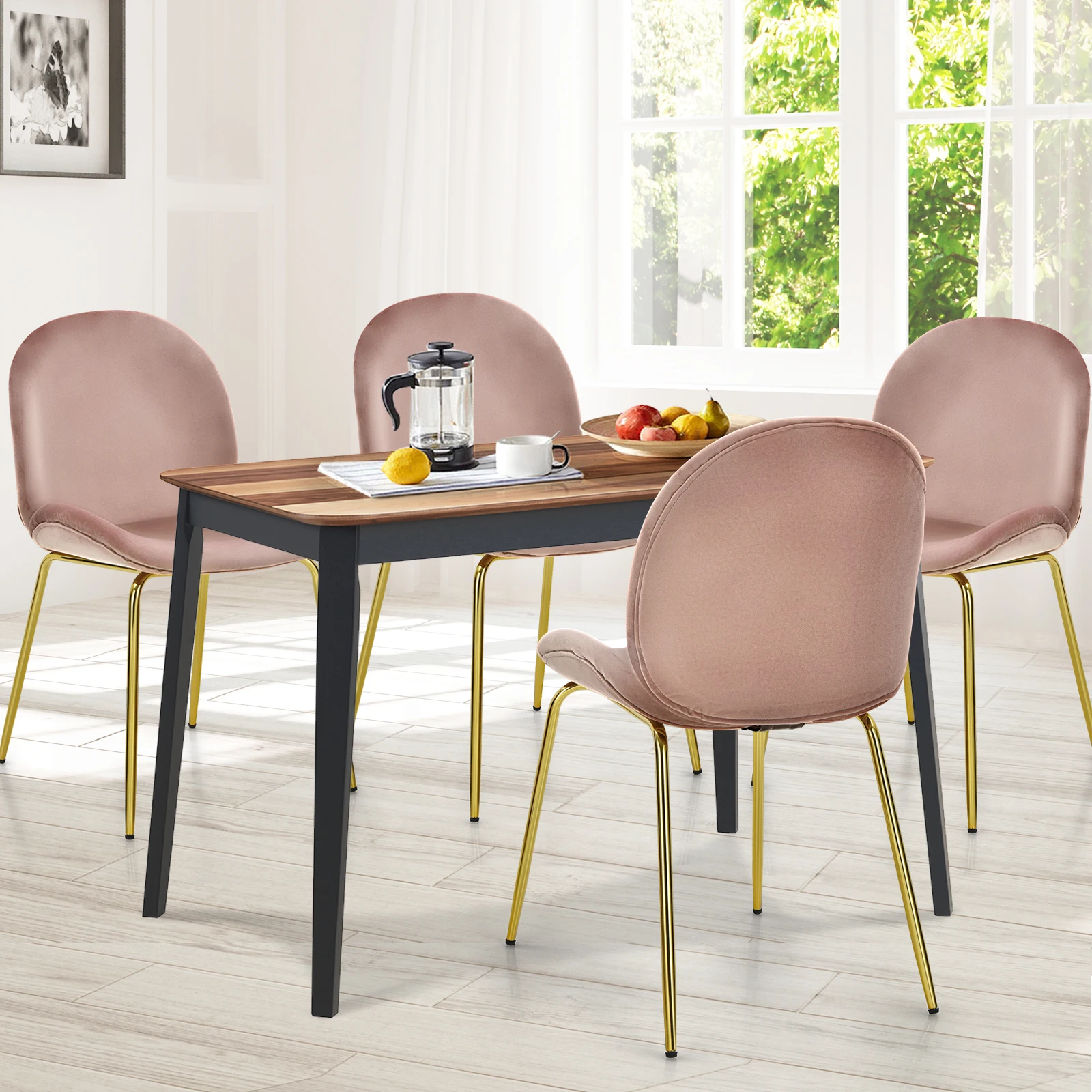 Juego de 4 sillas de terciopelo con patas de Metal dorado, color rosa, para comedor