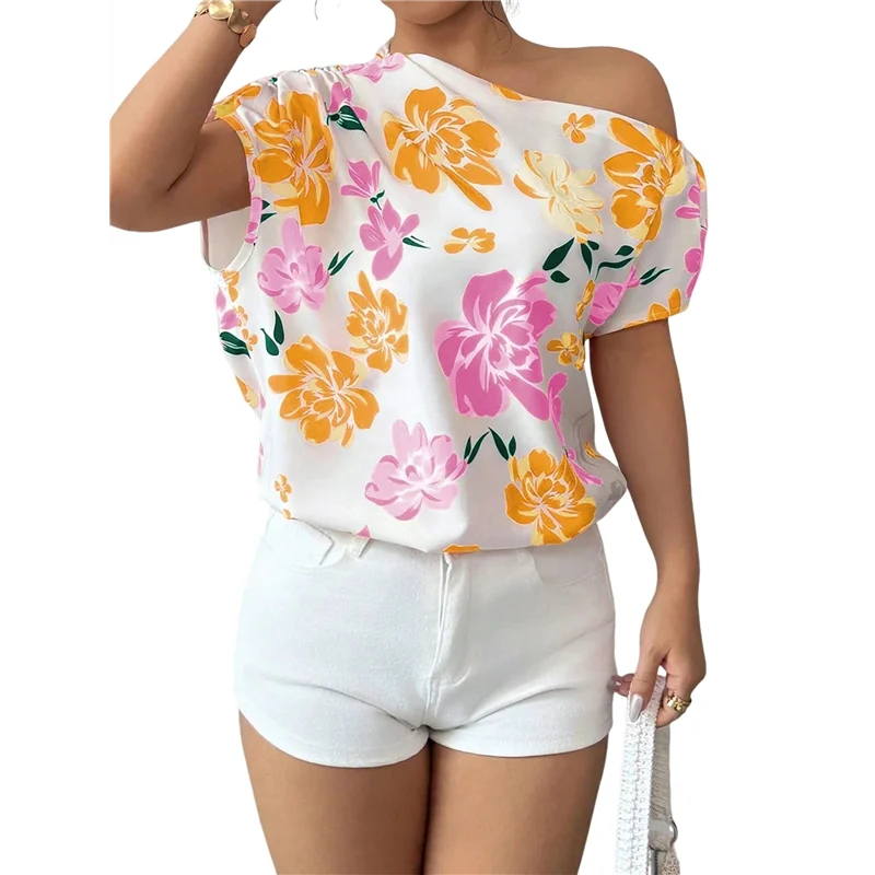 NUEVO-Blusa de verano con estampado floral fruncido y manga corta con hombros descubiertos para mujer