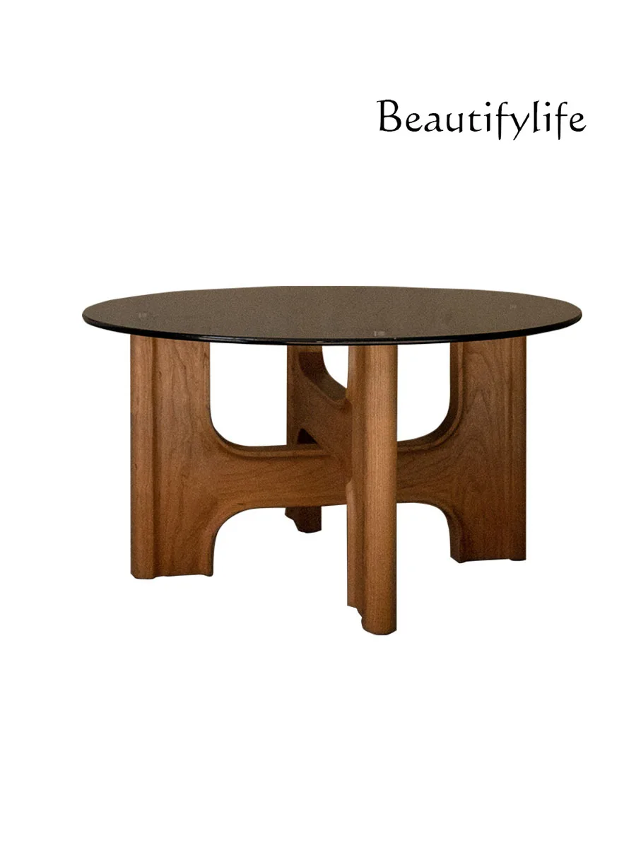 

Luxury Quiet Wind Furniture round Table Solid Wood Tea Table Living Room Household Small Unit Glass Low Table