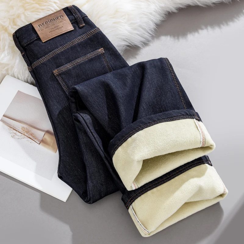 

Winter 2025 Y2k Pants Jeans For Woman High Waist Wide Leg Trousers Thick Fleece Lined Straight Deep Blue Slim Fit Design