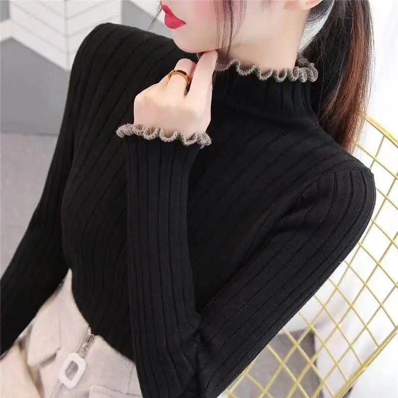 Fashion Turtleneck Knitted Spliced Ruffles Sweater Women\'s Clothing 2022 Autumn New Casual Pullovers Loose Sweet Tops