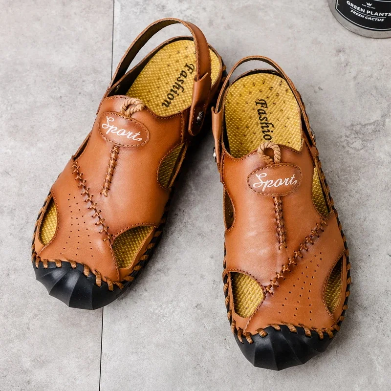 LETCOMFIT Handmade Cowhide Shoes Men Breath Casual Sneakers Comfort Durable Rubber Bottom Slip-On Summer Outdoor Hiking Sandals image 2