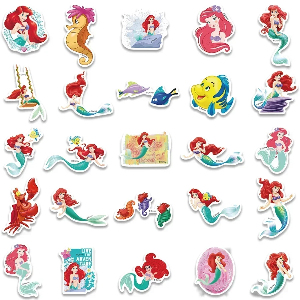 50pcs The Little Mermaid Stickers Cute Disney Ariel Princess Catoon Graffiti Decals Phone Luggage Stationery Graffiti Decals