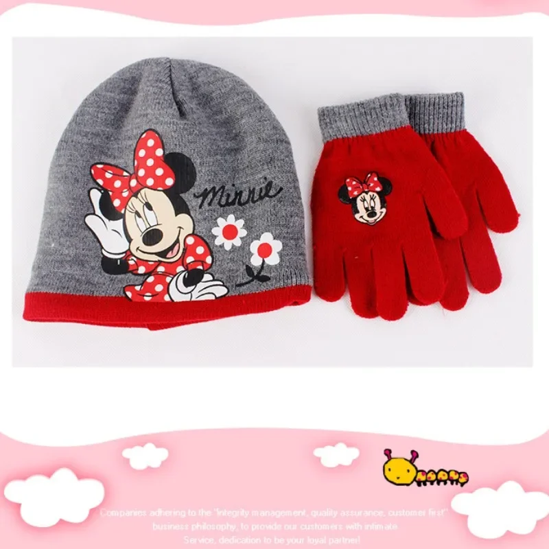 Disney Minnie Mouse Knitted Hat Gloves Set Cartoon Sweet Kids Beanie Cap Girl Skullies Hat Girl Outdoor Winter Warm Accessories