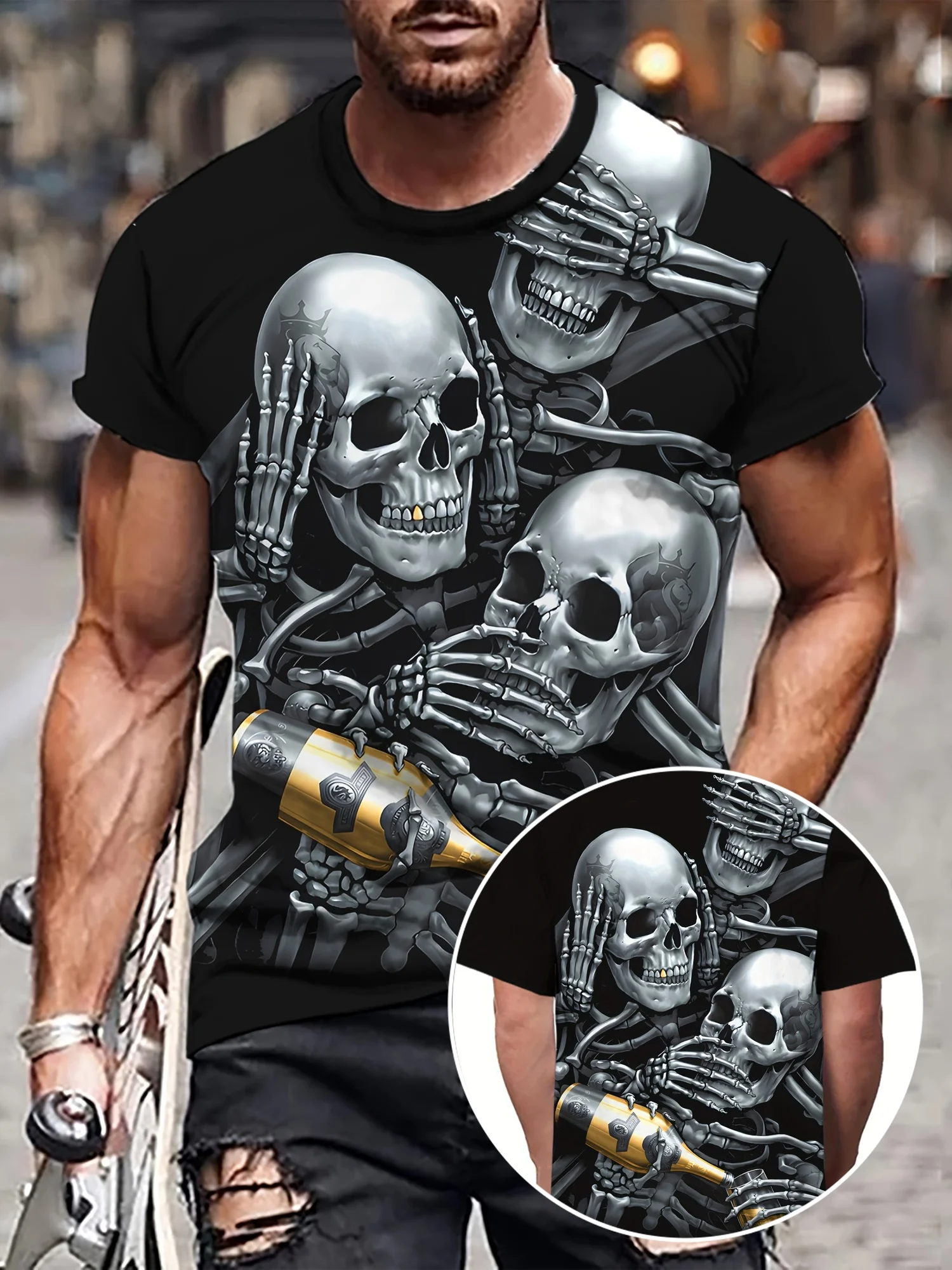 Unisex See Hear Speak No Evil Skeleton Beer Print T Shirt Gothic Punk Skull Street Style Short Sleeve Casual Top