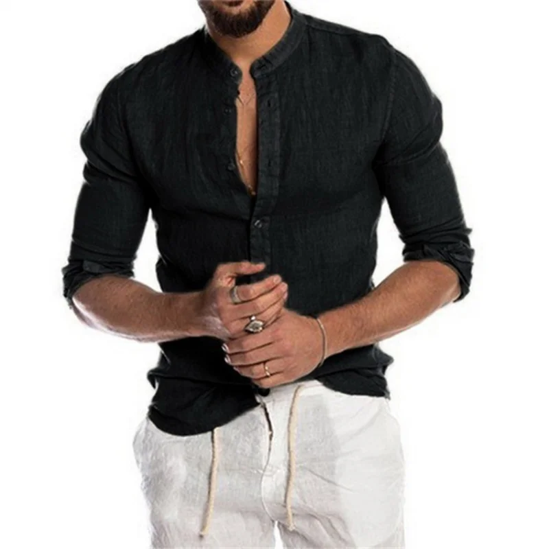 2023 New Men\'s Solid Color Linen Long Sleeve Shirt Stand Collar Cardigan Long Sleeve Loose Men\'s Shirt