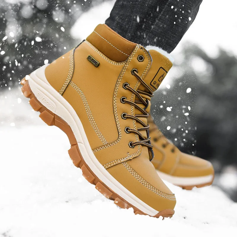 Winter Hiking Boots Men Snow Warm Fur Outdoor Sneakers Trekking Black Waterproof Leather Large Size Ankle Shoes Winter Hunting