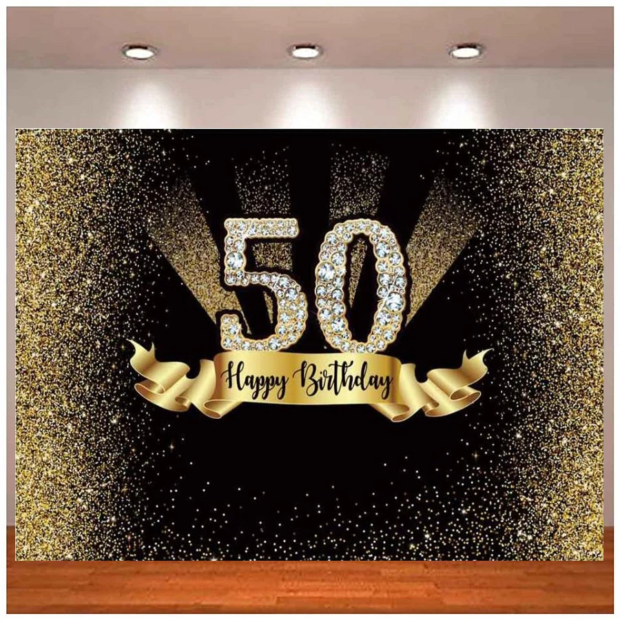 Gold and Black 50th Birthday Photography Backdrop Adult Golden Glitter Diamonds Shiny Background Fifty Years Old Age Party Decor