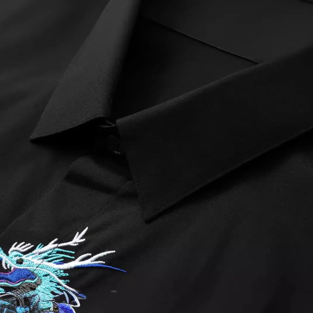 Chinese Style Embroidered Men's Shirt Brand Long Sleeve Cotton Shirts Slim Fit Casual Business Formal Dress Shirts Men Clothing