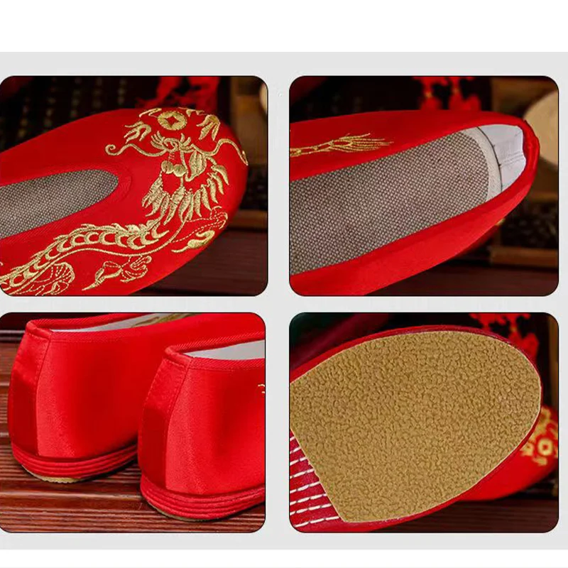 الكلاسيكية الصينية Hanfu التطريز الزفاف حذاء مسطح العروس الرجال النساء سلالة تانغ القطن مرحلة ملابس رقص الطرف الأحمر القديم