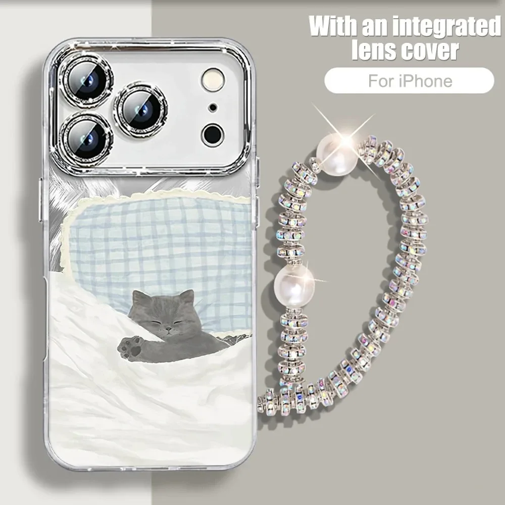 Cute Cat Cartoon Bracelet Phone Case For iPhone 17 Pro Max 14 15 16 11 12 16 Pro Max 7 8 XS Plus 17 Air Feather IMD Laser Cover