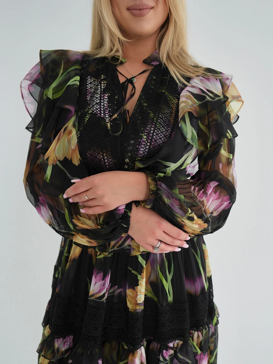 TWOTWINSTYLE Hit Color Printing Spliced Ruffles Casual Dresses for Women V Neck Long Sleves Sheer Patchwork Lace Dress Female