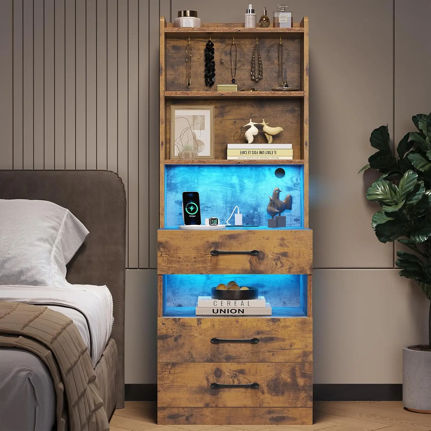 Nightstand with Charging Station & LED Lights, Rustic Bedside Table with Bookshelf, 3 Drawers & Shelves, End Table, Customized