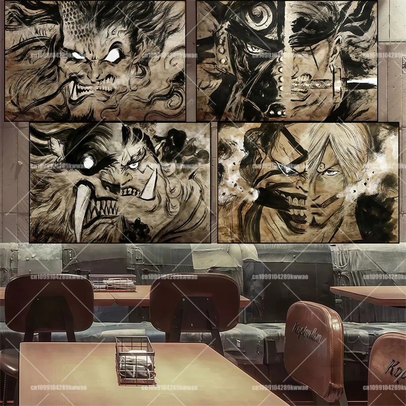 

Printed Cartoon One Piece Ink Painting Art Luffy and Zoro Poster Canvas Painting Suitable for Retro Cafe Bar Wall Art Deco Gift