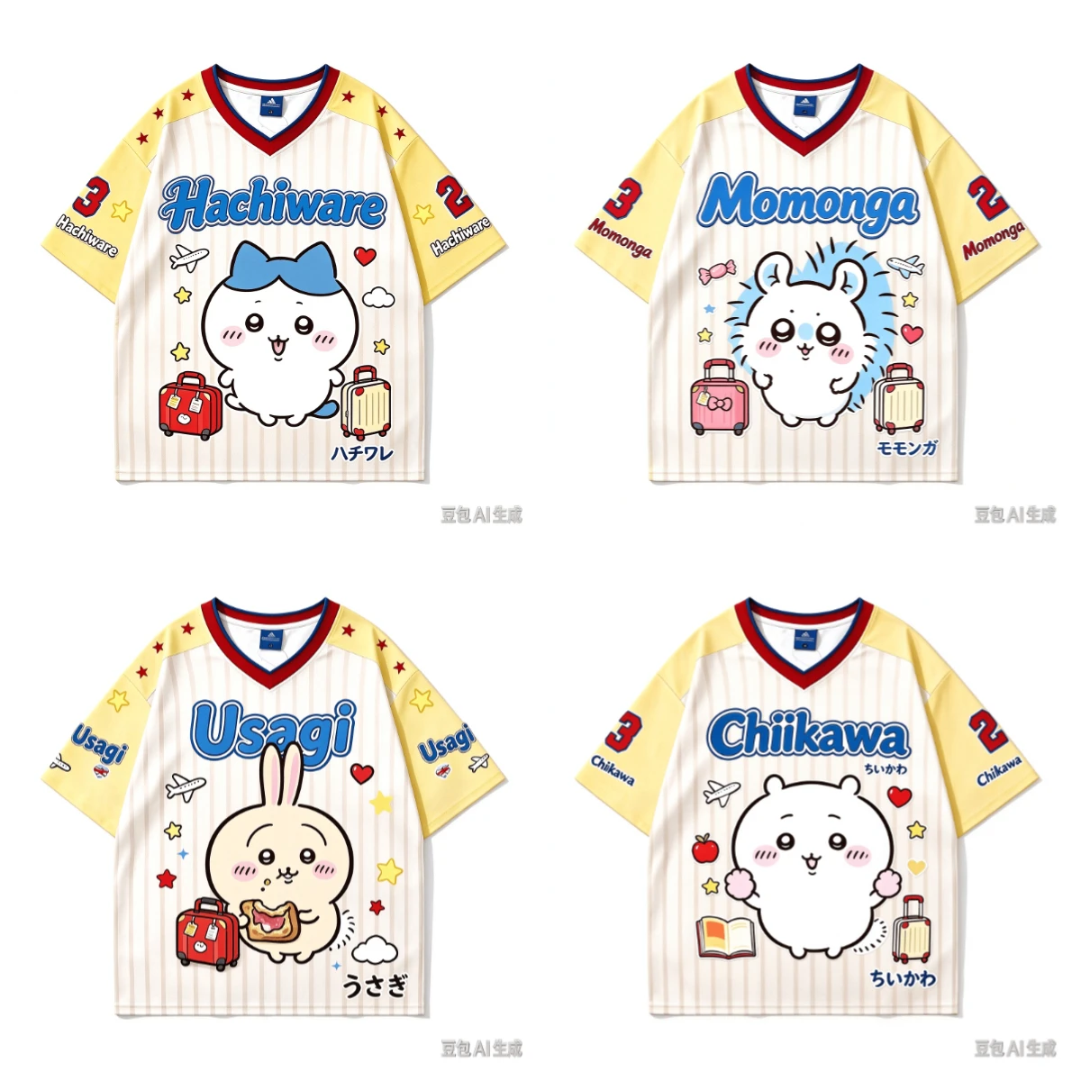 Giekawa Travel Themed V-neck Jersey T-shirt, Cute Cartoon Print for Both Men and Women, 8 Character Options, Anime Fan Top