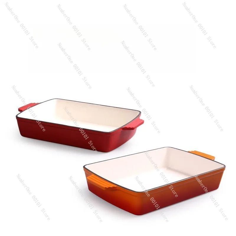 Heavy Duty Cast Iron Enamel Roasting Pan Commercial Baking Tray 3cm Thick Rectangular Red Orange Enameled Grill Baking Dish Oven