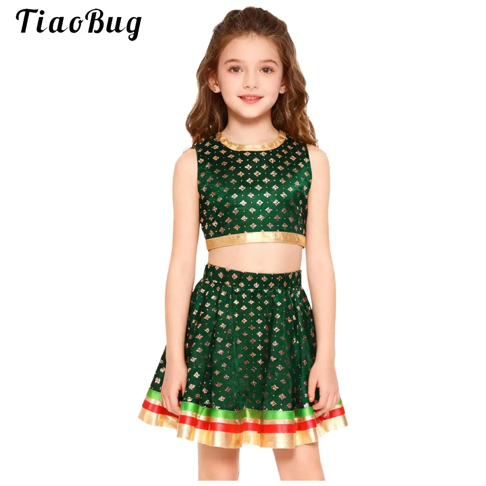 

Kids Girls India Lehenga Choli Dance Costume Outfit Satiny Brocade with Gold Motifs Zipper Cropped Tank Top +Striped Trim Skirt